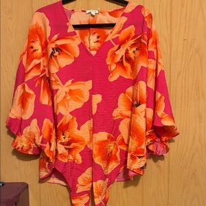 Floral V-Neck Blouse - Pink and Orange